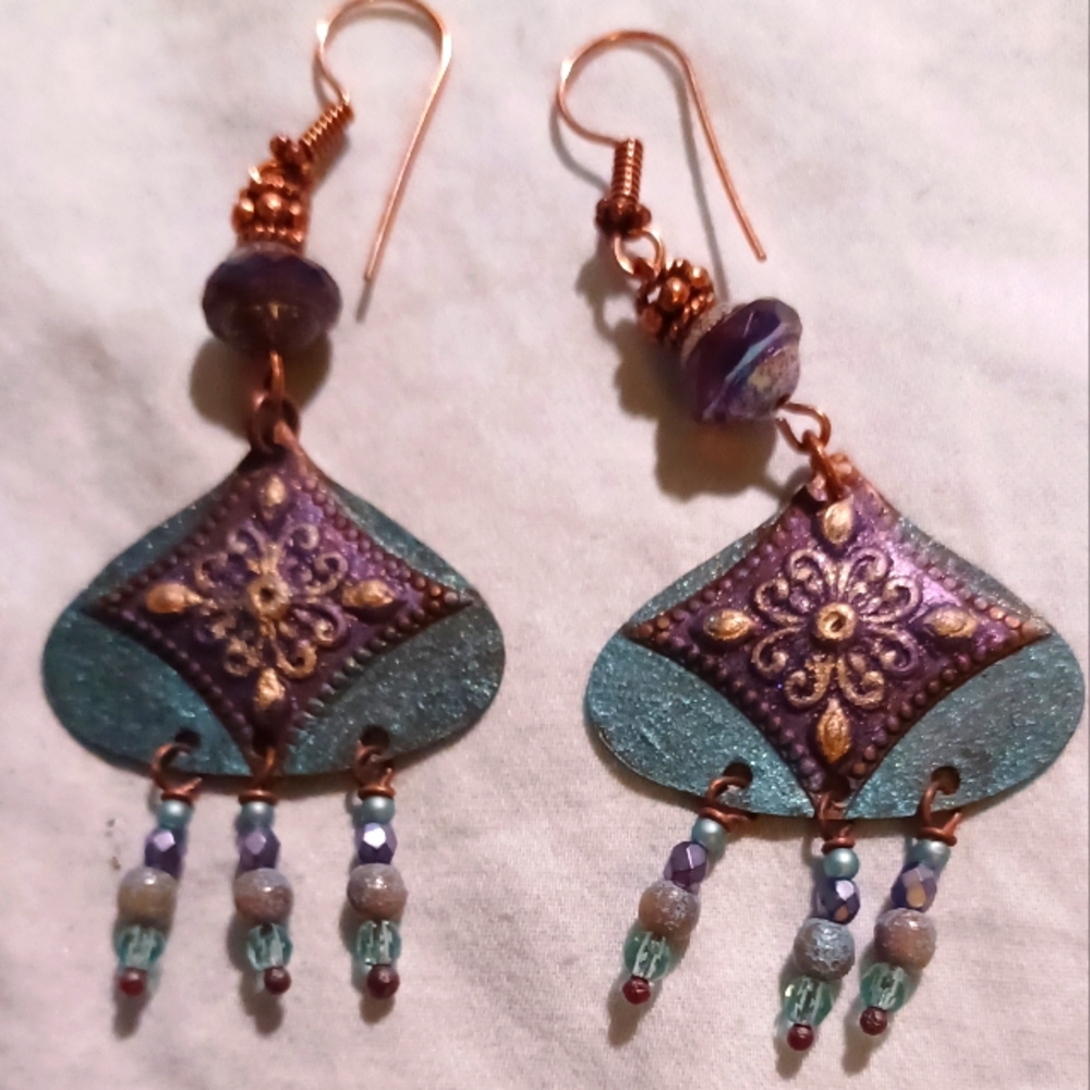 Sale, Handpainted tin & Crystal earrings